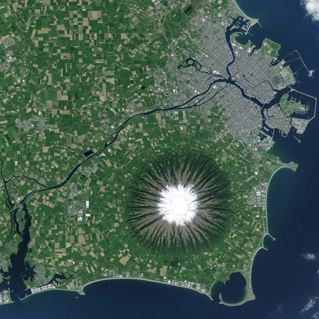Satellite view of Zealand with Mount Copenhagen